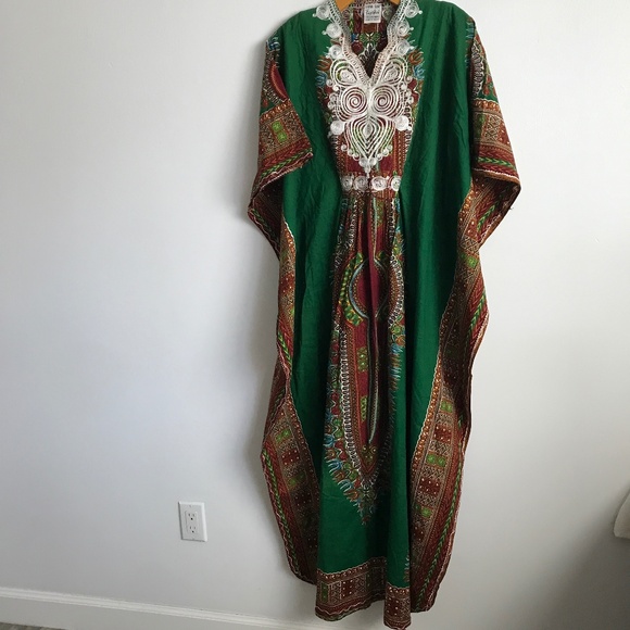 Safari Club Mumu Dress Green Batik Draped Kaftan Womens OS - Picture 1 of 9